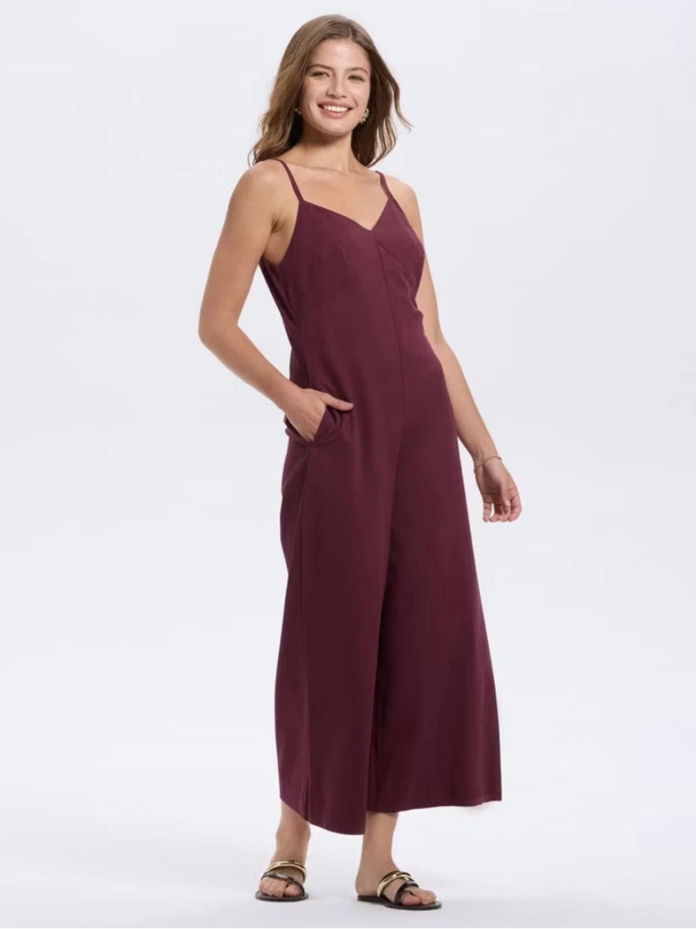 🎯 A New Day Purple / Dark Mauve Spaghetti-Strap Wide-Leg Jumpsuit Size L NWT